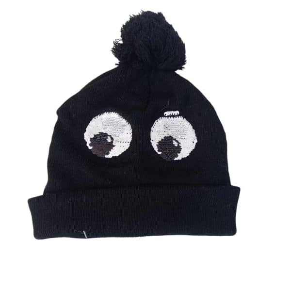 GORRO DE LANA NEGRO POMPON OJOS LENTEJUELAS ACCESSORIES