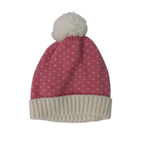 gorro lana pompón rosa beige corazones