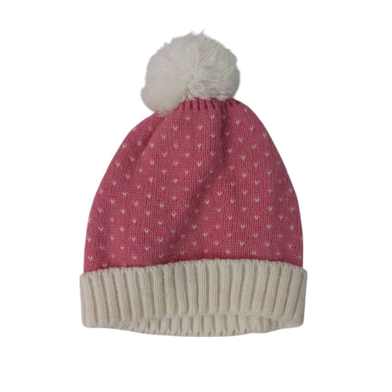 gorro lana pompón rosa beige corazones