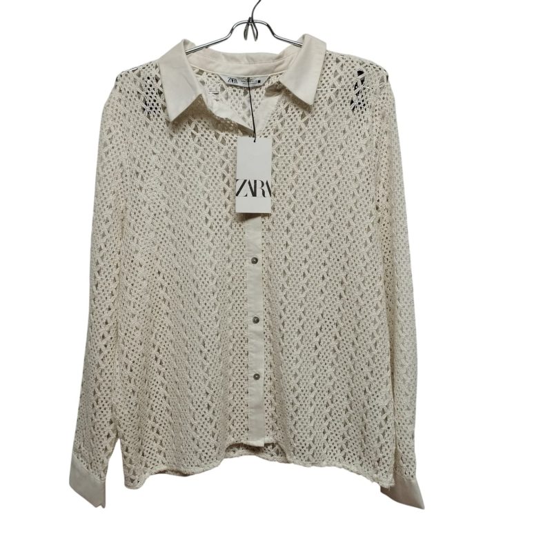 CAMISA HILO CREMITA CALADA CUELLO PUÑOS TELA ZARA T M NUEVA