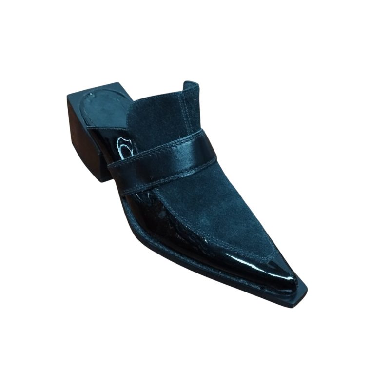 ZUECOS NEGROS GAMUZA CHAROL TACO CUADRADO T 35