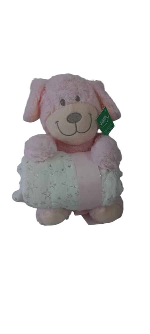 PERRO PELUCHE ROSA CON FRAZADA BCA PLATEADA