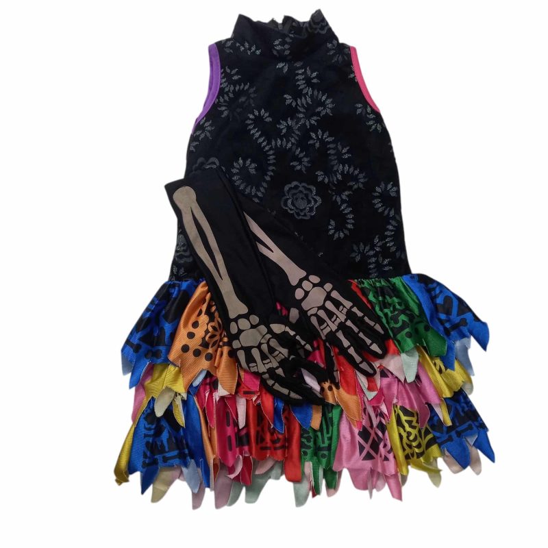 VESTIDO HALLOWEEN NEGRO GAJOS COLORES MEDIAS NEGRAS HUESO Y GUANTES