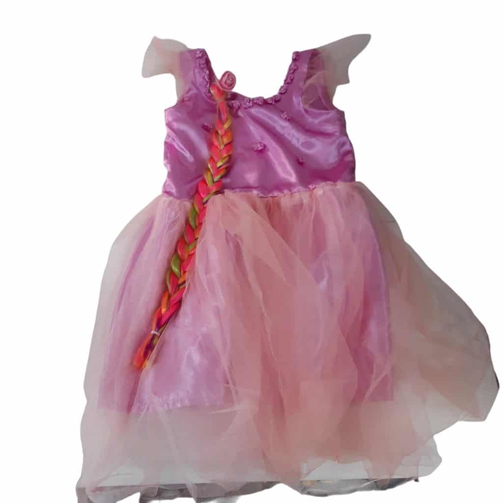 DISFRAZ PRINCESA VESTIDO TUL FUCSIA CON FLORES Y TRENZA MULTICOLOR T6A
