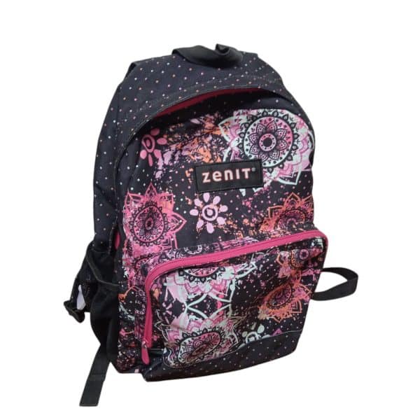 MOCHILA NEGRA ROSADA FLORES CELESTES ZENIT