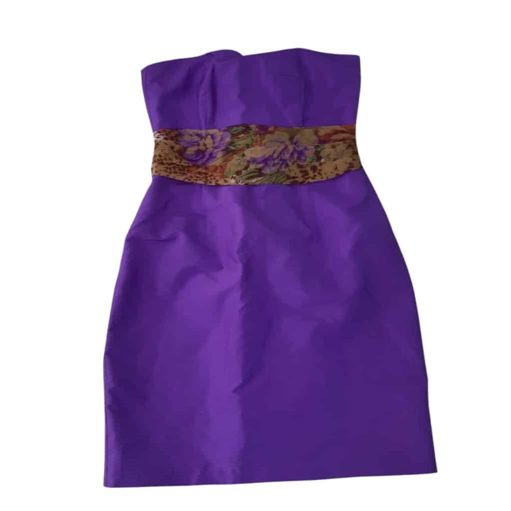 VESTIDO DE FIESTA STRAPLESS VIOLETA FAJA MARRON FLOR T14APROX