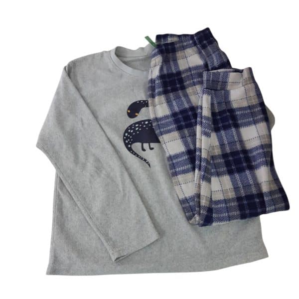 conjunto pijama polar sacks t 12 azul gris cuadros dinosaurio friz