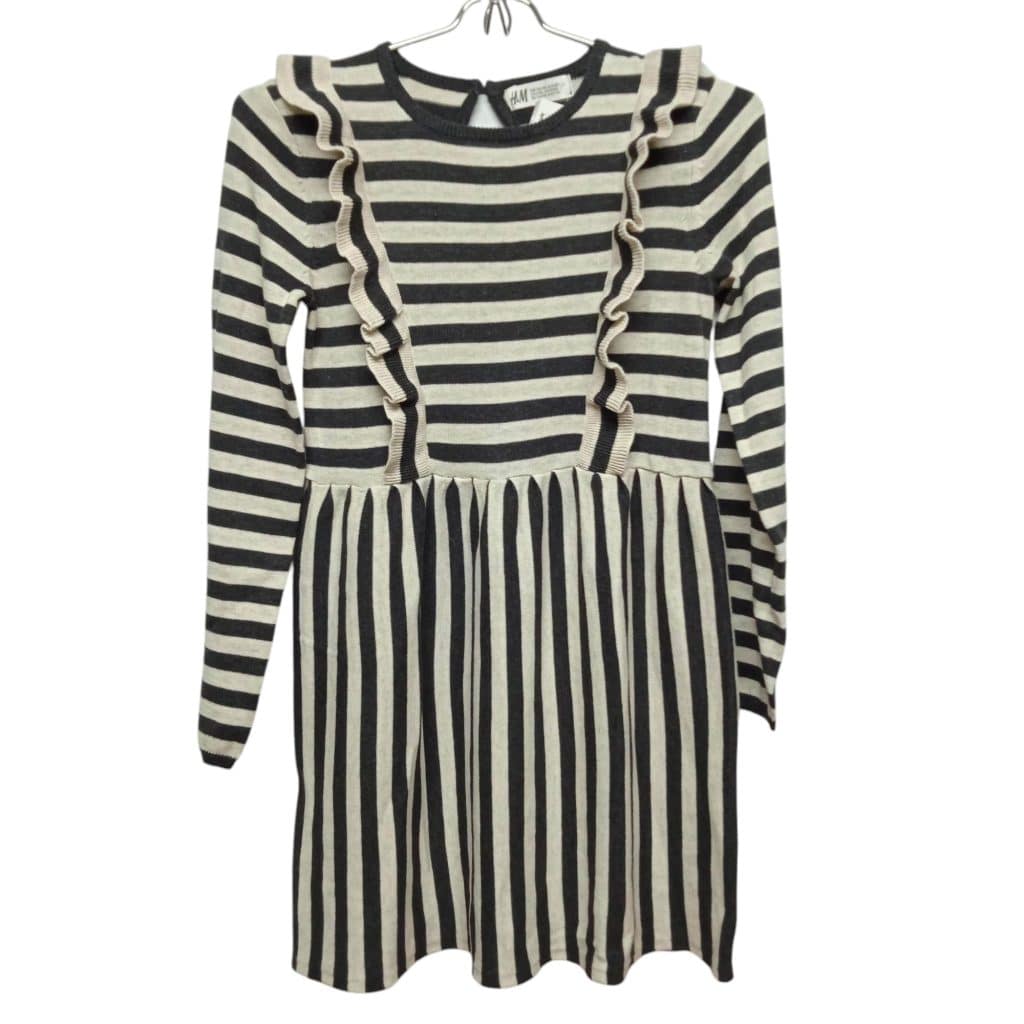 VESTIDO HILO RAYADO BEIGE GRIS VOLADOS H & M T 8-10 NUEVO