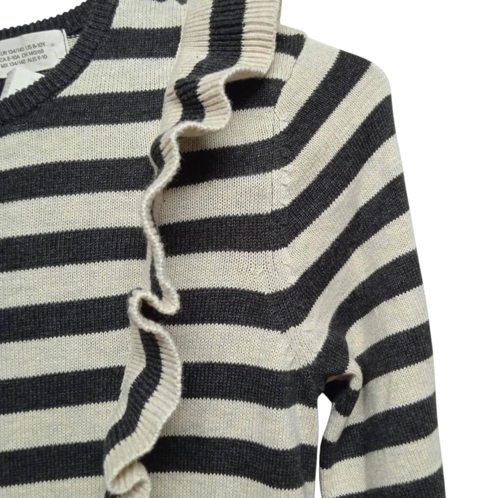 VESTIDO HILO RAYADO BEIGE GRIS VOLADOS H & M T 8-10 NUEVO - Imagen 2