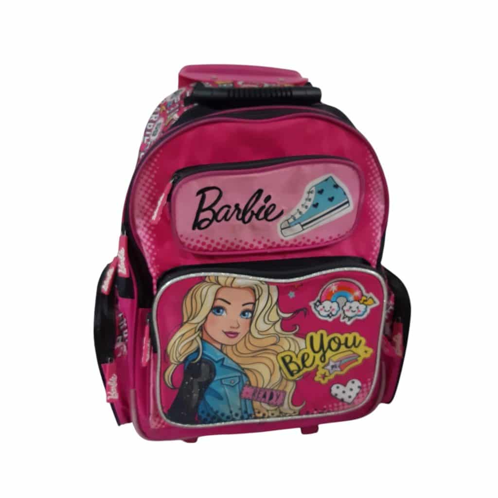 MOCHILA CARRITO BARBIE FUCSIA ROSA NEGRO MANCHAS ROCE DET