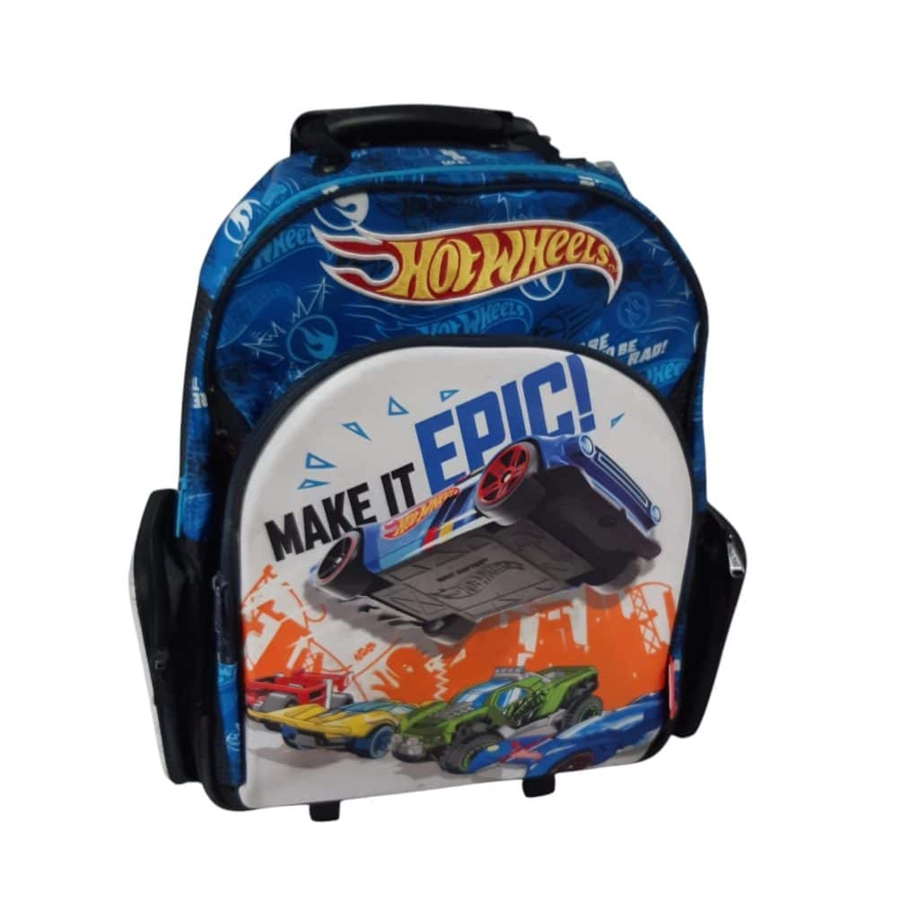 MOCHILA CARRITO HOT WHEELS AZUL NEGRO BLANCO MANCHAS BORDE ROT