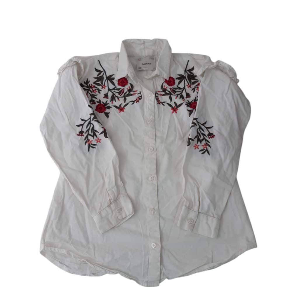 CAMISA M/L FUZARKA T 9-10 BLANCO VERDE ROSA FLORES BORDADAS VOLADITOS