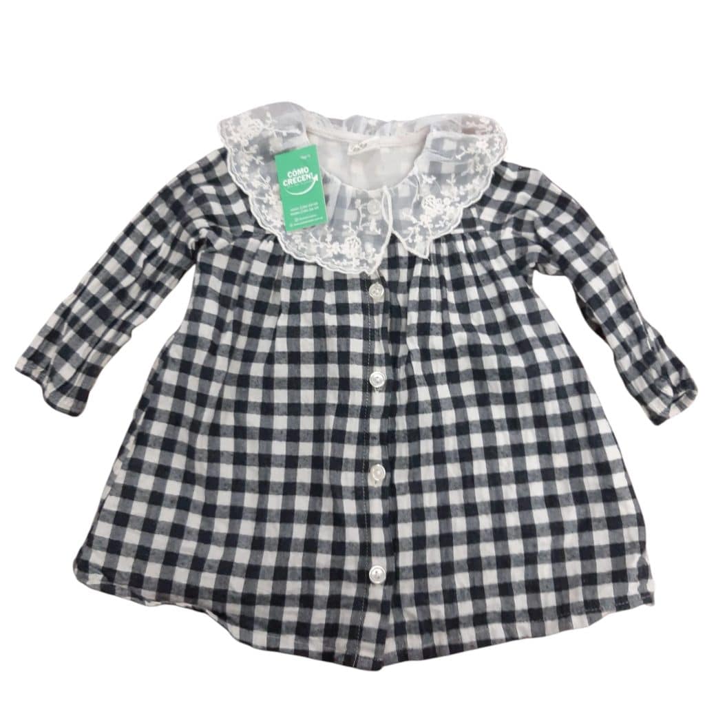 VESTIDO CUADROS NEGRO BCO CUELLO TUL H&M T4/6M