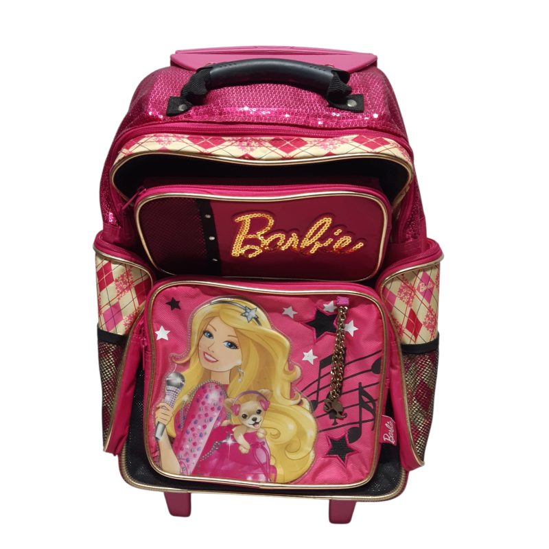 mochila rosada fuxia brillos barbie