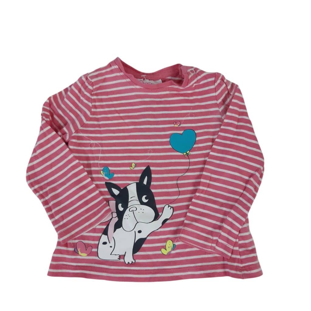 REMERA ALG M/L SO CUTE 9 M APROX ROSA BLANCO RAYAS PERRO GLOBO