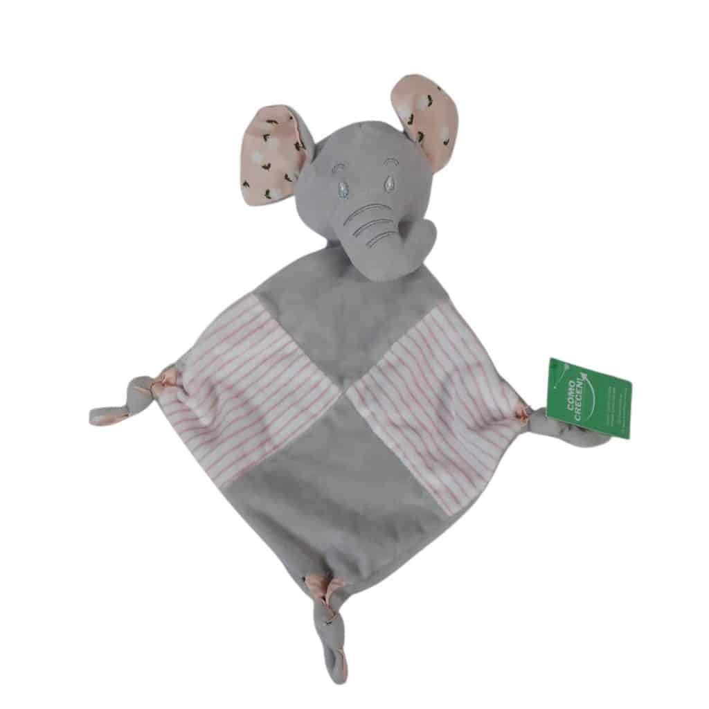 MANTITA DE APEGO POLAR ELEFANTE SONAJERO GRIS ROSA RAYAS FLORES