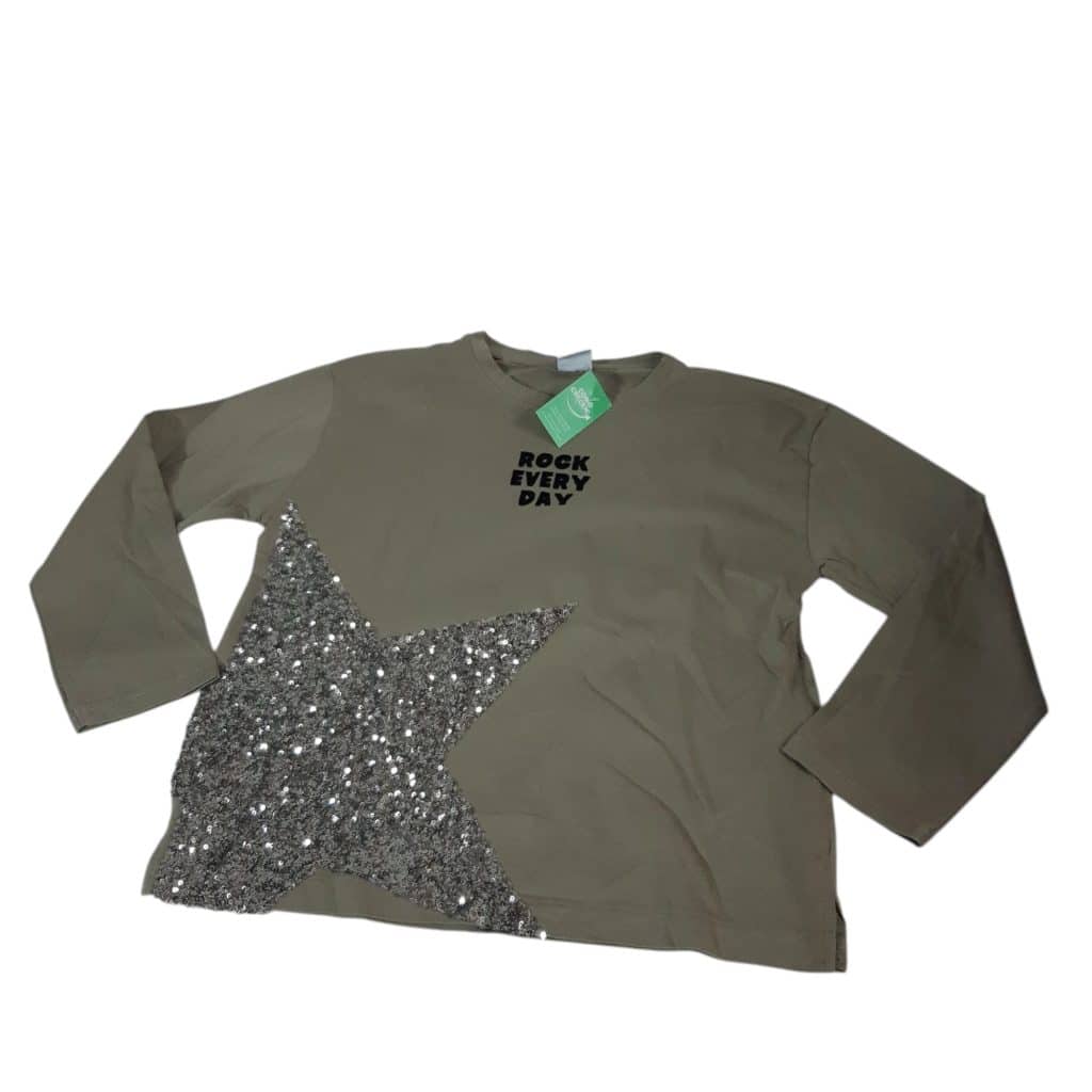 REMERA ALG VERDE ROCK EVERY DAU ESTRELLA PLATEADA LENTEJUELAS ZARA T9