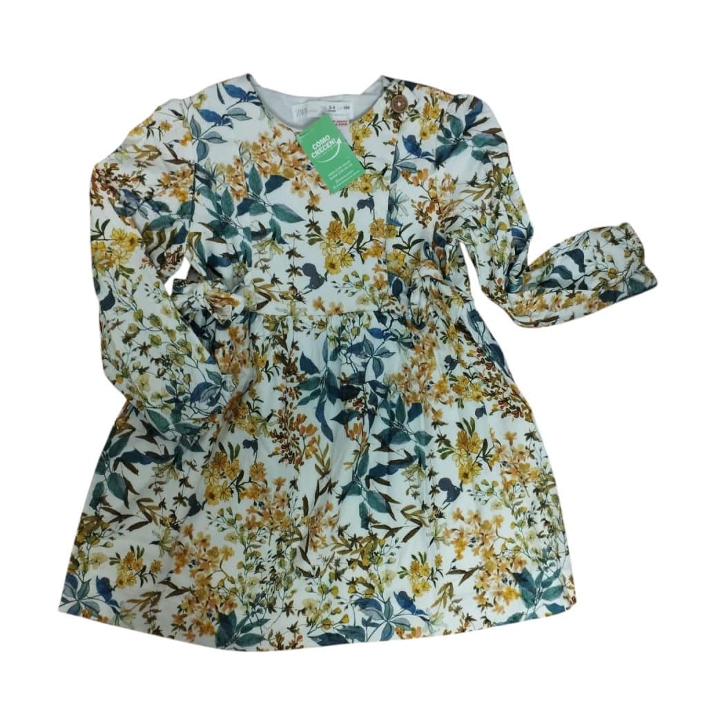 VESTIDO VIYELA BCO FLORES AZUL AMARILLO BOTONES LAZO ZARA T 3-4