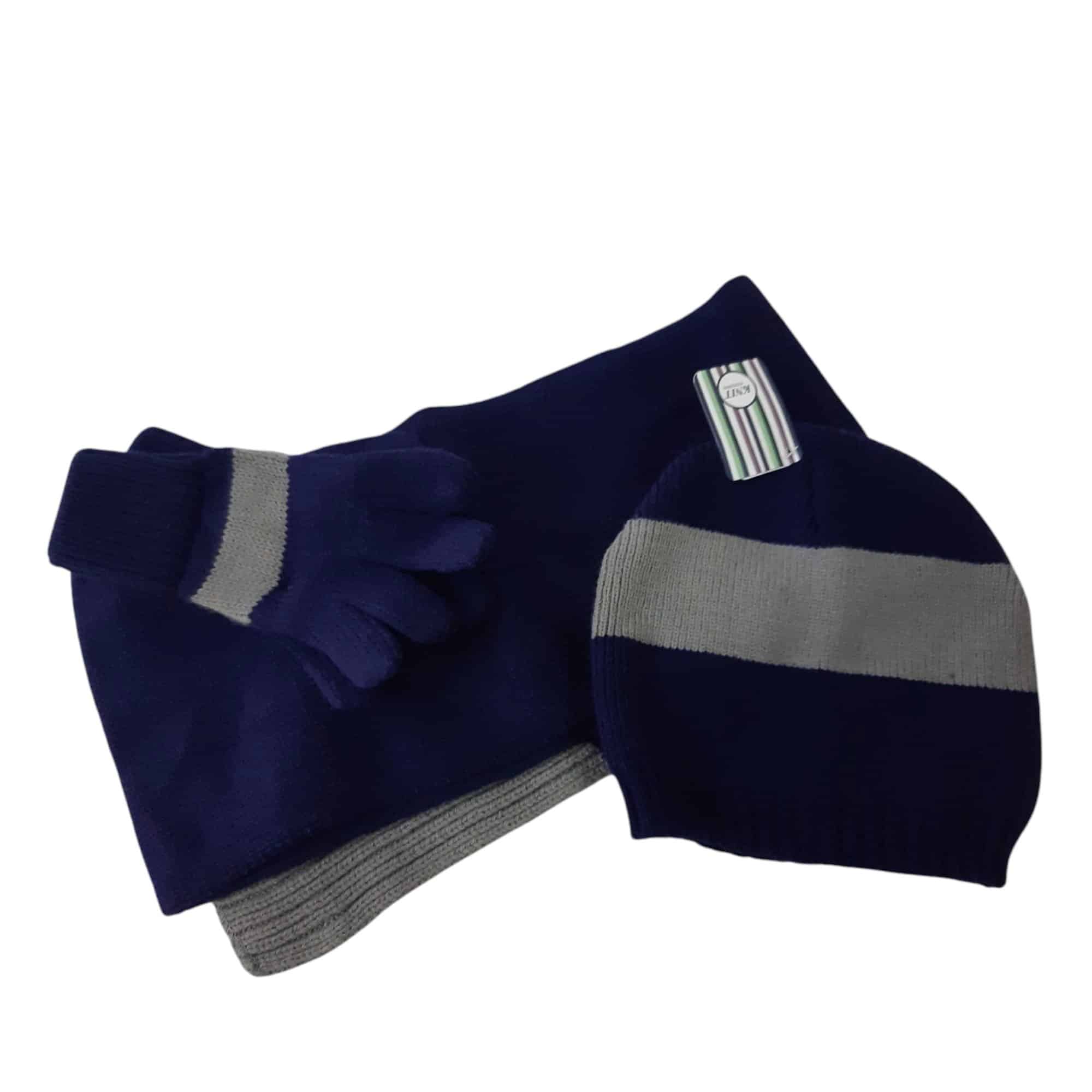 SET GORRO BUFANDA Y GUANTES HILO AZUL GRIS KNIT ACCESORIES NUEVO
