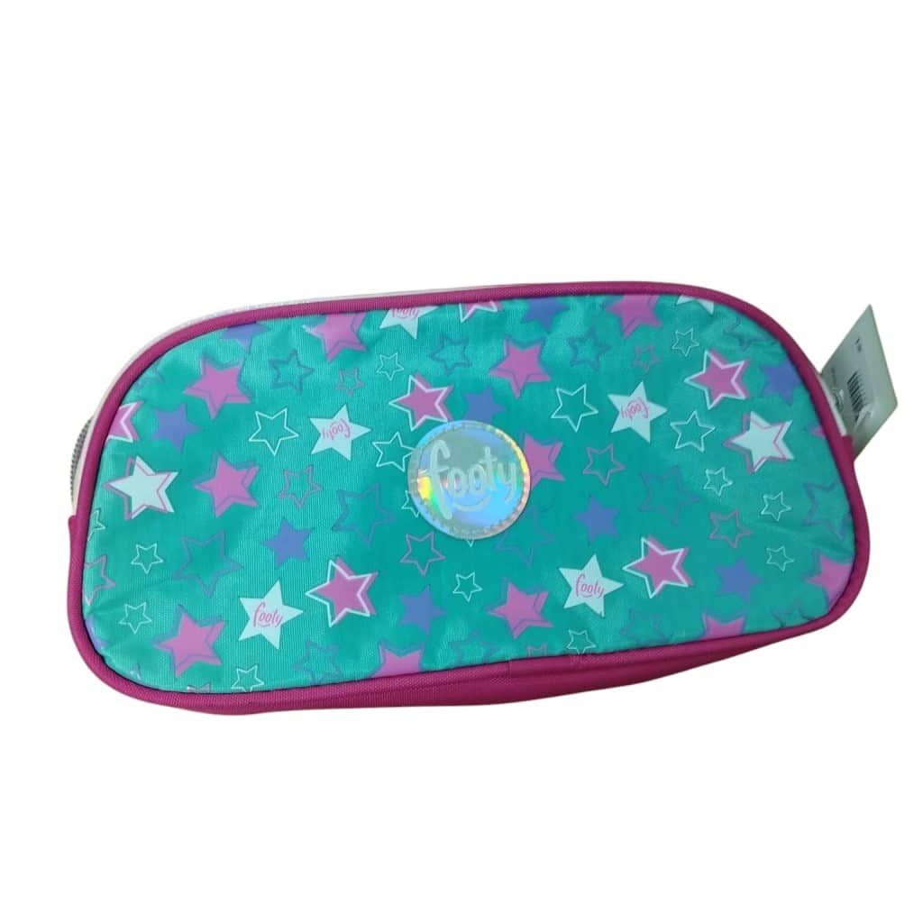 CARTUCHERA FOOTY CELESTE PLATEADA FUXIA