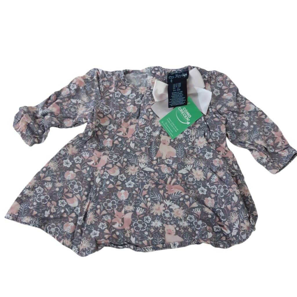VESTIDO ALG GRIS FLORES ROSA MOÑA GRANDE CYNTHIA T0/3M