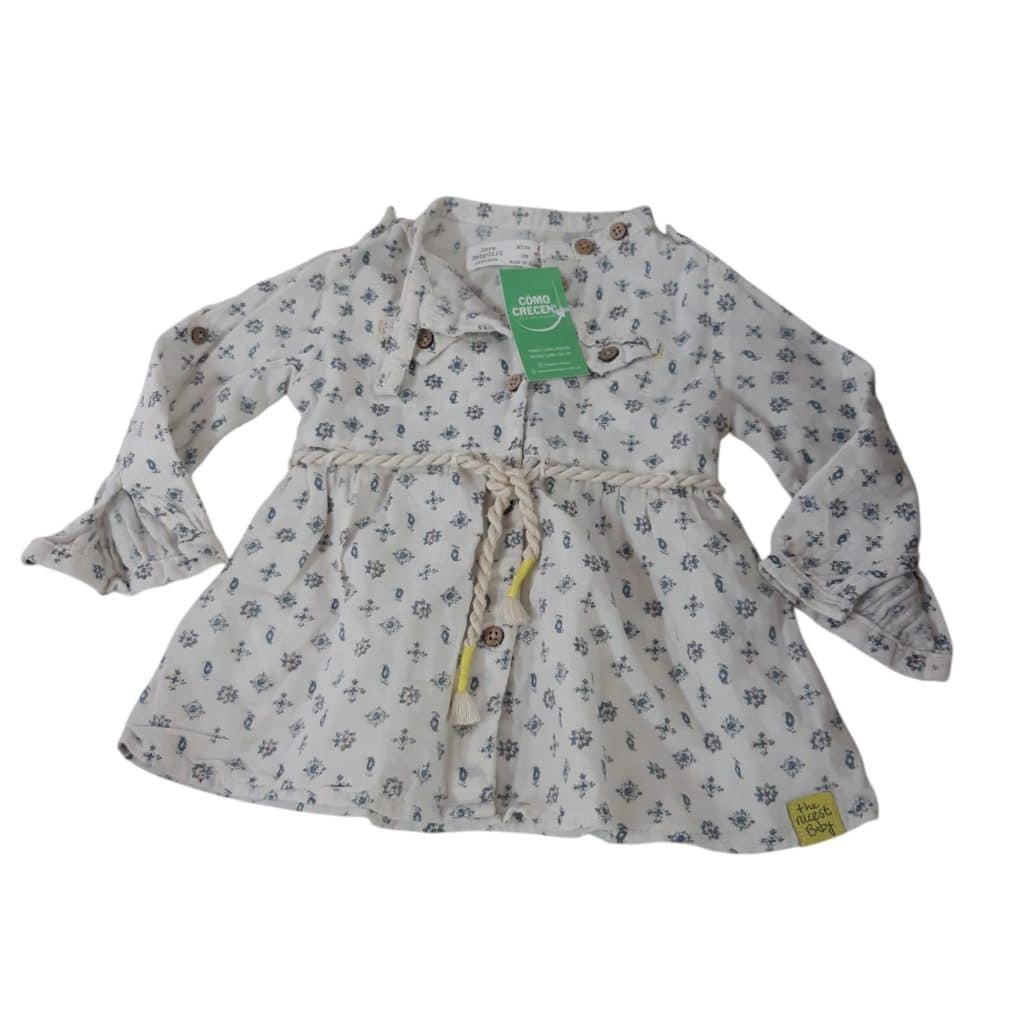 VESTIDO BCO FLORES AZULES ZARA T6/9M CORDON CINTO