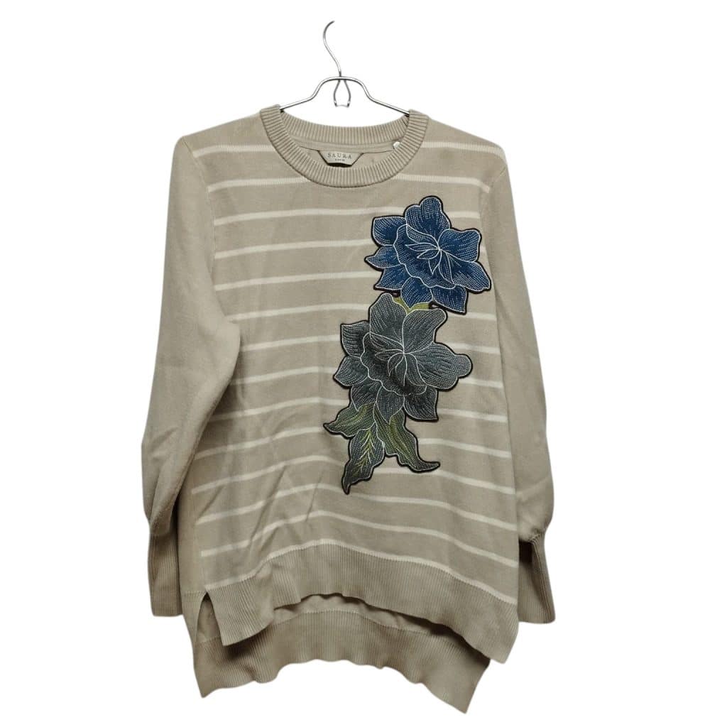 BUZO BEIGE RAYAS BLANCAS FLORES AZULES SAURA TM