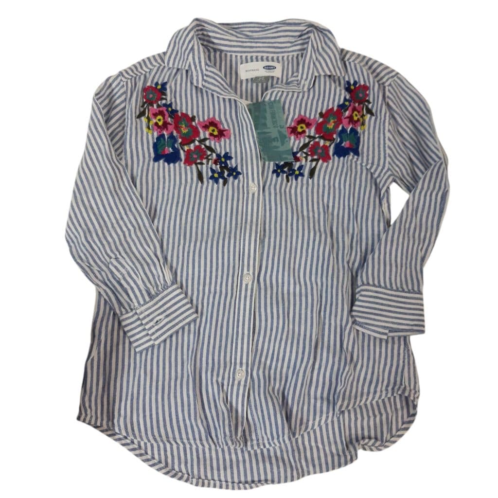 CAMISA RAYADA AZUL BCA FLORES BORDADAS OLD NAVY T6/7 NUEVA