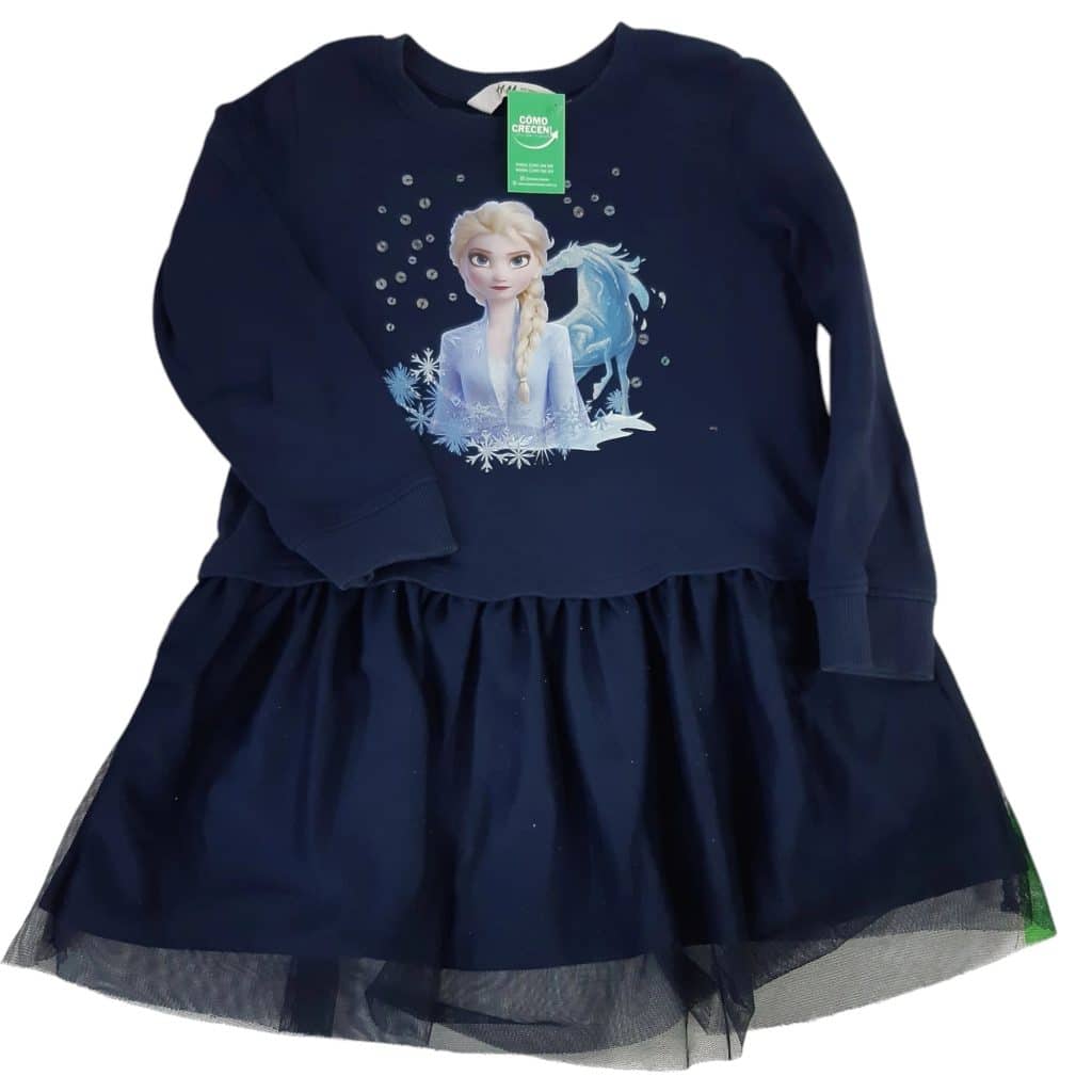 VESTIDO BUZO AZUL FROZEN H&M T4/6 BRILLOS