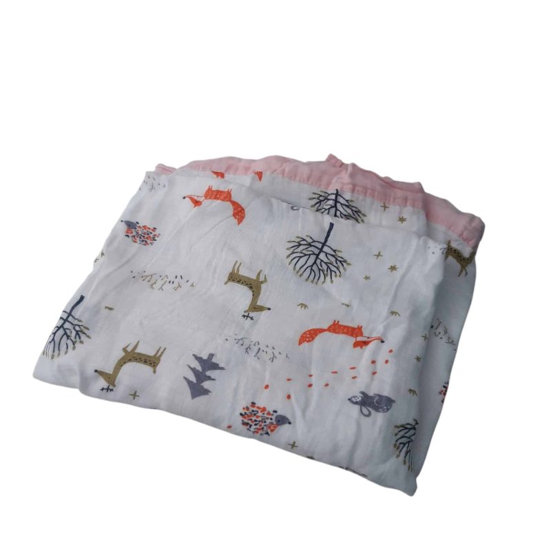 MANTA MUSELINA BCA BORDE ROSA ANIMALES VARIOS 115X105