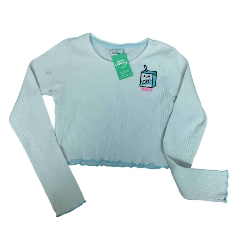 REMERA BLANCA MORLEY BORDE CELESTE MILK FUZARKA T7/8