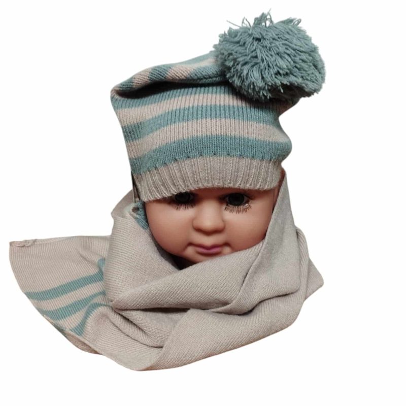 CONJUNTO BUFANDA GORRO ROSADO GRIS POM POM