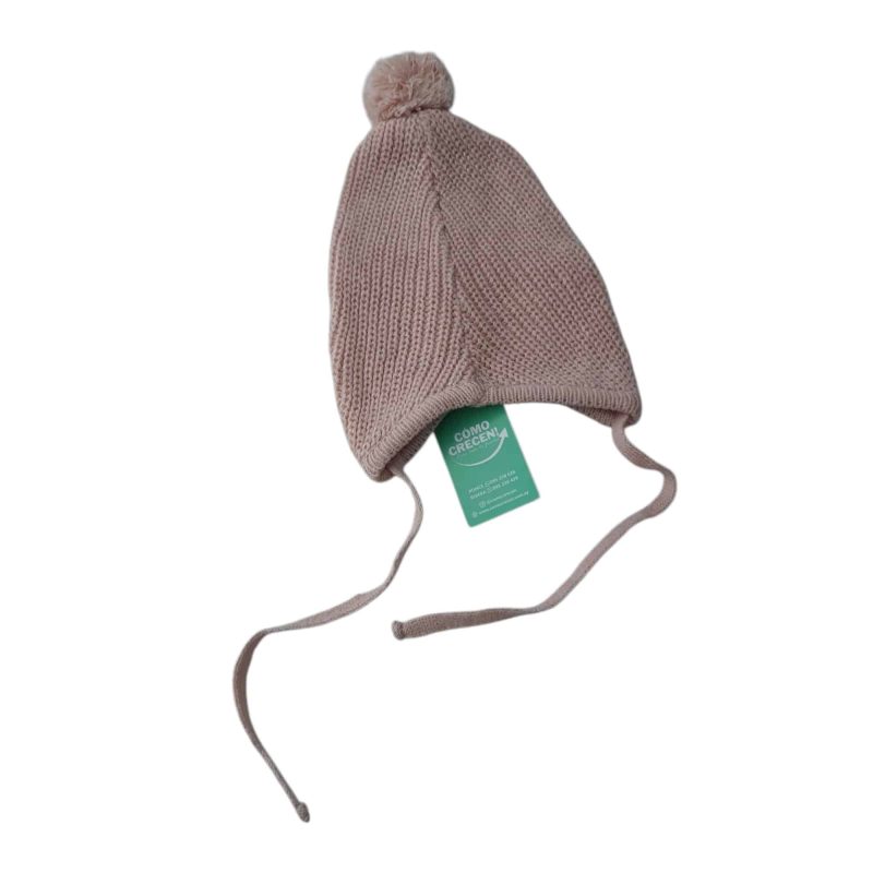GORRO LANA ROSA VIEJO POMPON Y CUERDITAS BB