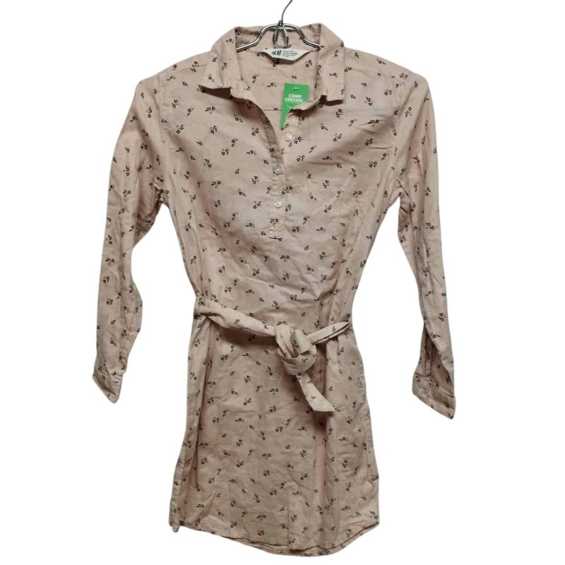 CAMISA LARGA TIPO VESTIDO ROSADO FLORCITAS NEGRAS LAZO H&M T 9-10