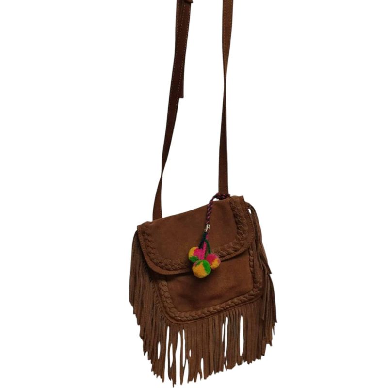 BANDOLERA GAMUZA MARRON FLECOS POM POM COLORES ZARA