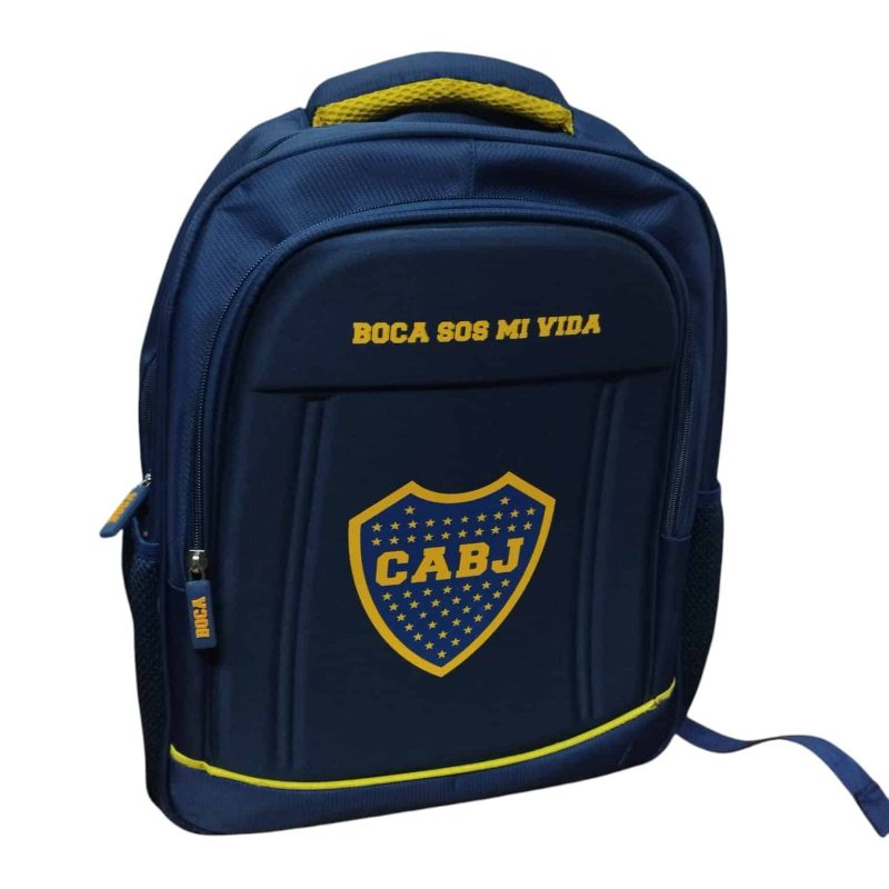 MOCHILA AZUL AMARILLA BOCA JUNIORS PRODUCTO OFIC BOLSILLO LATERAL DESC