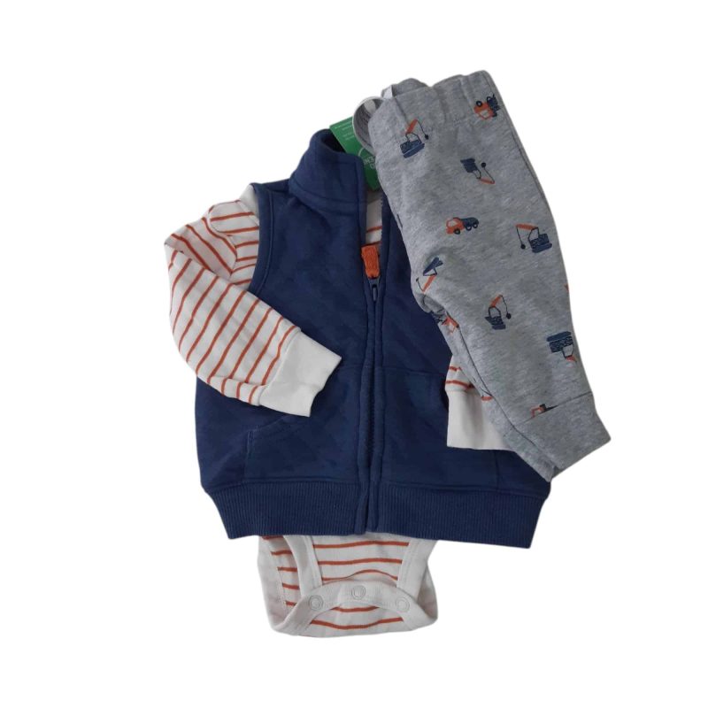 CONJ CHALECO BODY Y PANT AZUL BCO NARANJA AUTITOS CARTERS T3M