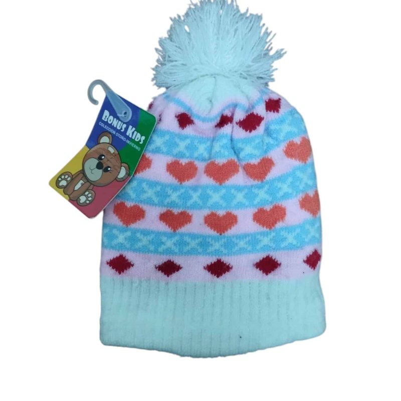 GORRO LANA FORRADO POM POM CORAZONES ROMBOS BONUS KIDS NUEVO