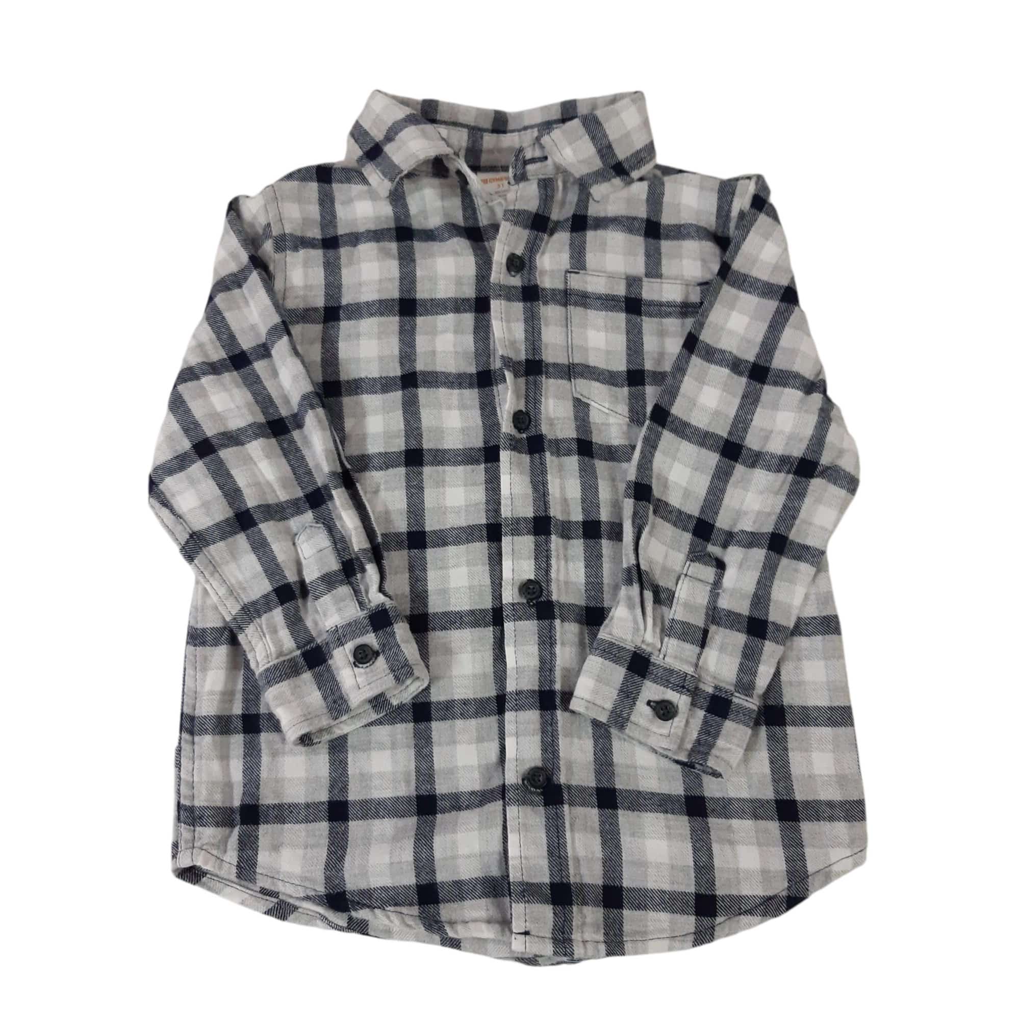 CAMISA VILLELA CUADRILLE GRIS BLANCO AZUL GYMBOREE T3 GAST