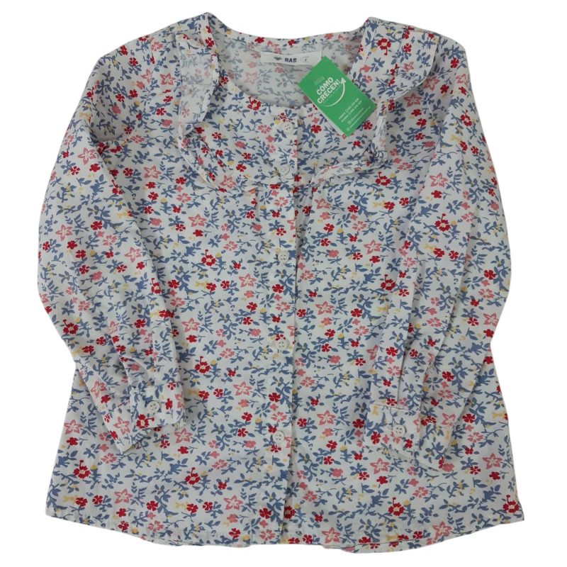 CAMISA BLANCA FLORCITAS ROSADAS CELESTES BAS T2