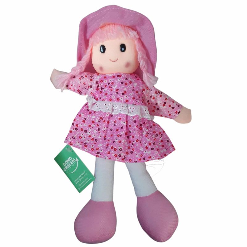 MUÑECA DE TELA VESTIDO ROSA PELO LANA ROSA 28CM