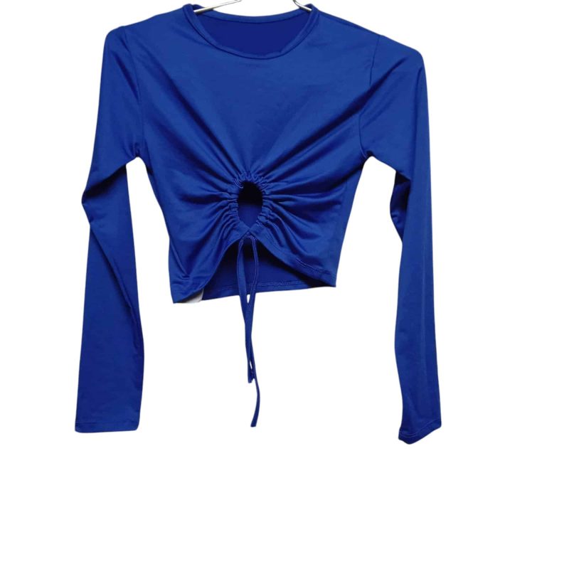 REMERA TOP AZUL METALIZADO FRUNCE PIOLAS TS AP