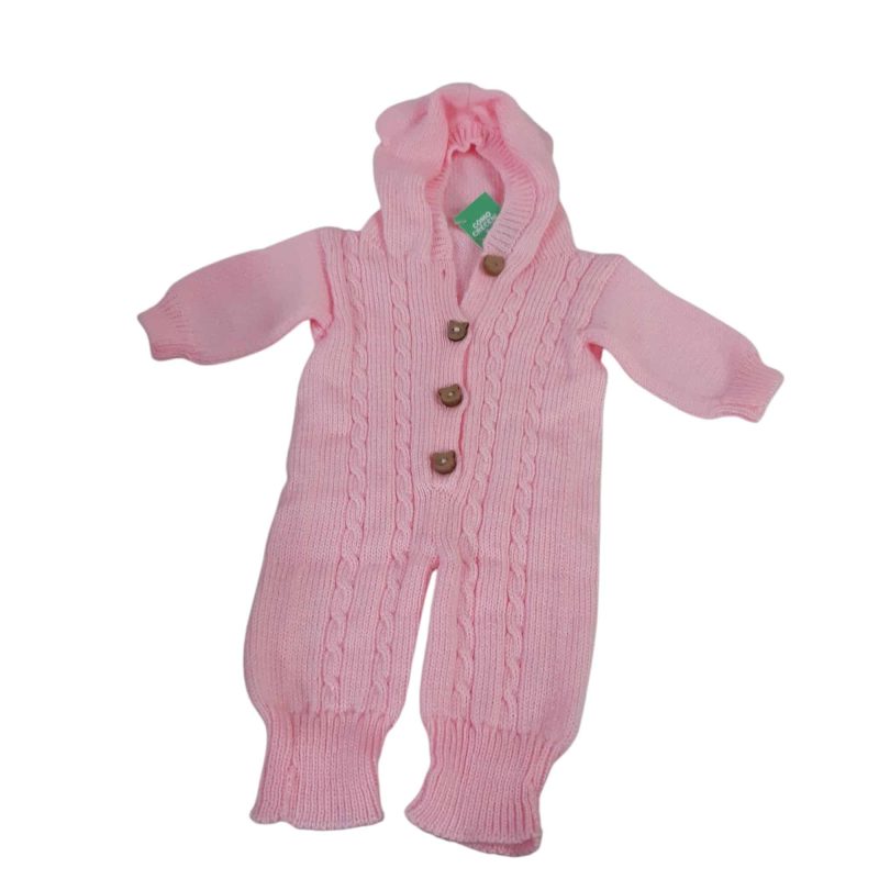ENTERITO DE LANA ROSADO  BOTONES GATO MARRON CAPUCHA T3/6M APROX