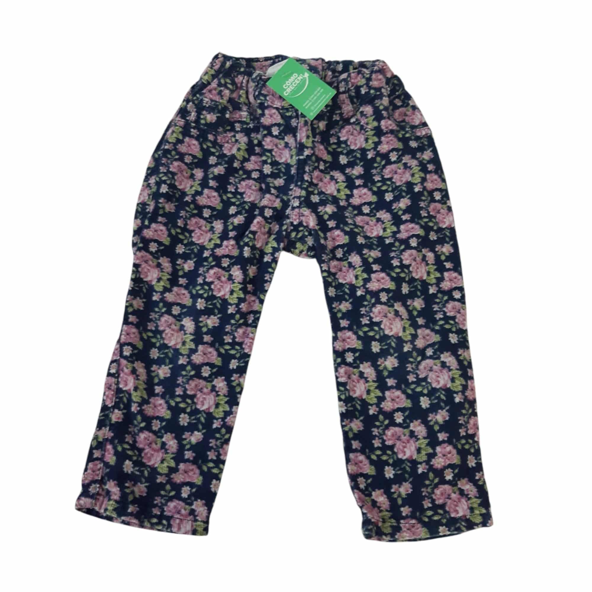 PANTALON PANA AZUL FLORES ROSADAS FACHERITOS T02