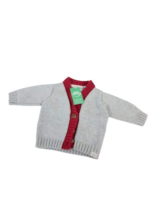 SACO TEJIDO GRIS BORDE ROJO MIAU T0/3M