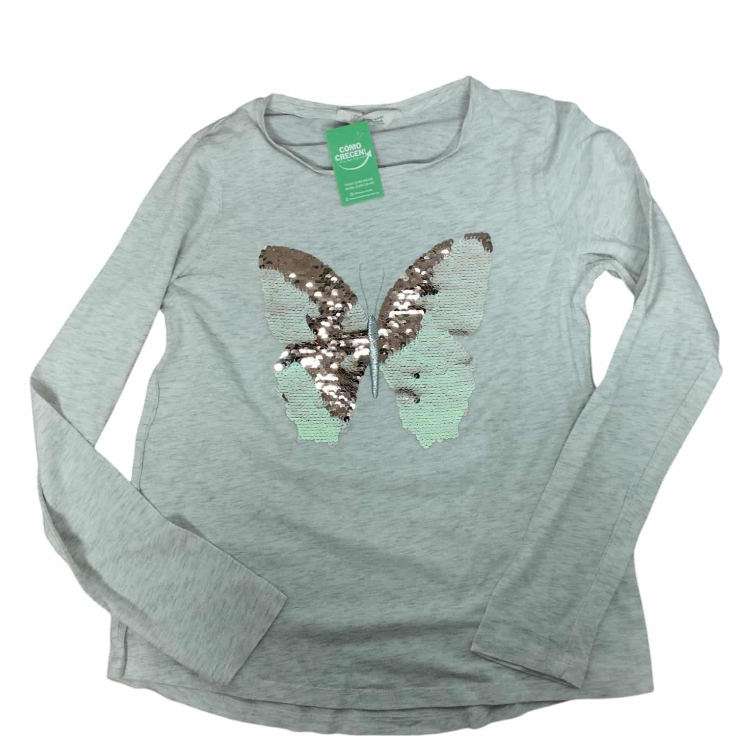 REMERA ALG GRIS LENTEJUELAS MARIPOSA H&M T 8-10