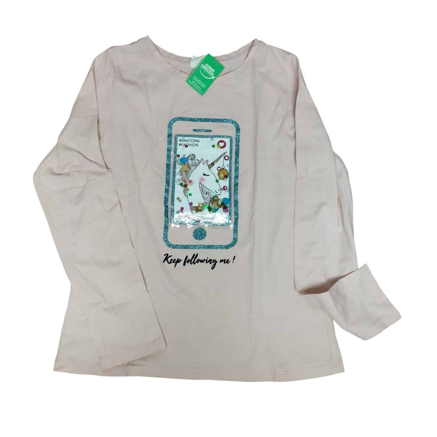 REMERA ALG ROSADO AZUL BRILLOS APLIQUE PLASTICO UNICORNIO ZARA T 11-12