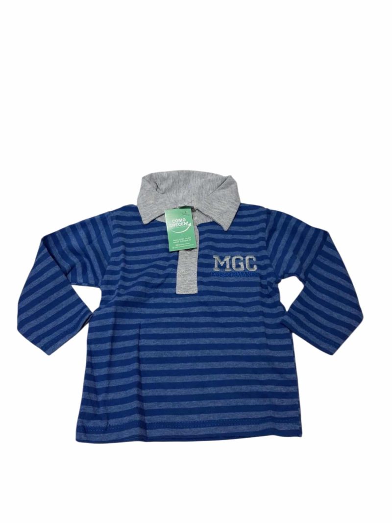 REMERA RAYADA AZUL CUELLO GRIS DOS BOTONES 1 T6/9M APROX