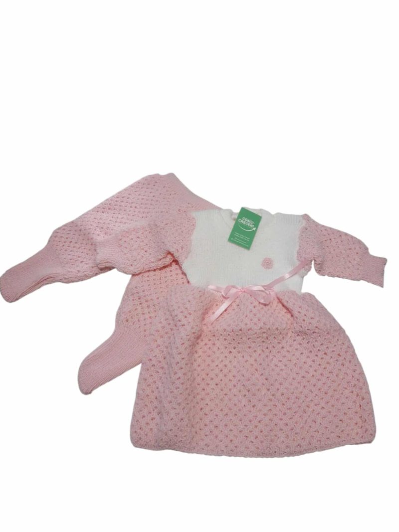 CONJ VESTIDO Y PANTALON LANA ROSA BCO APLIQUE FLOR PERLA BB