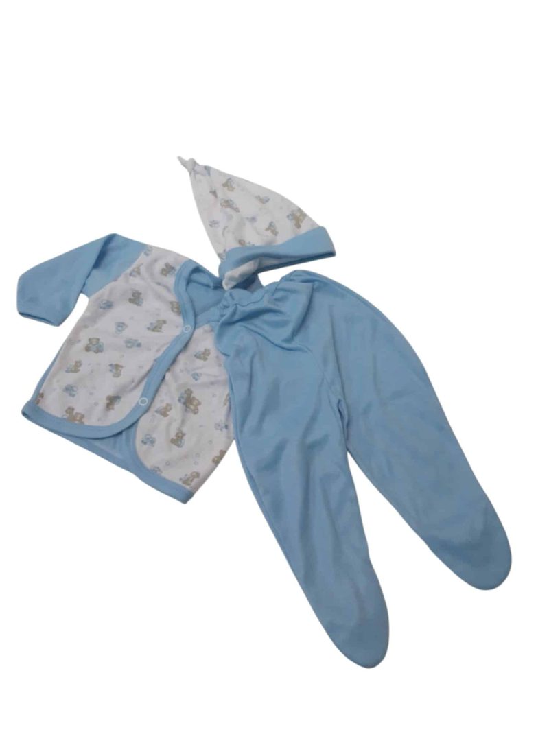 CONJ BATITA PELELE Y GORRO BCO CELESTE ANIMALES T3M AP